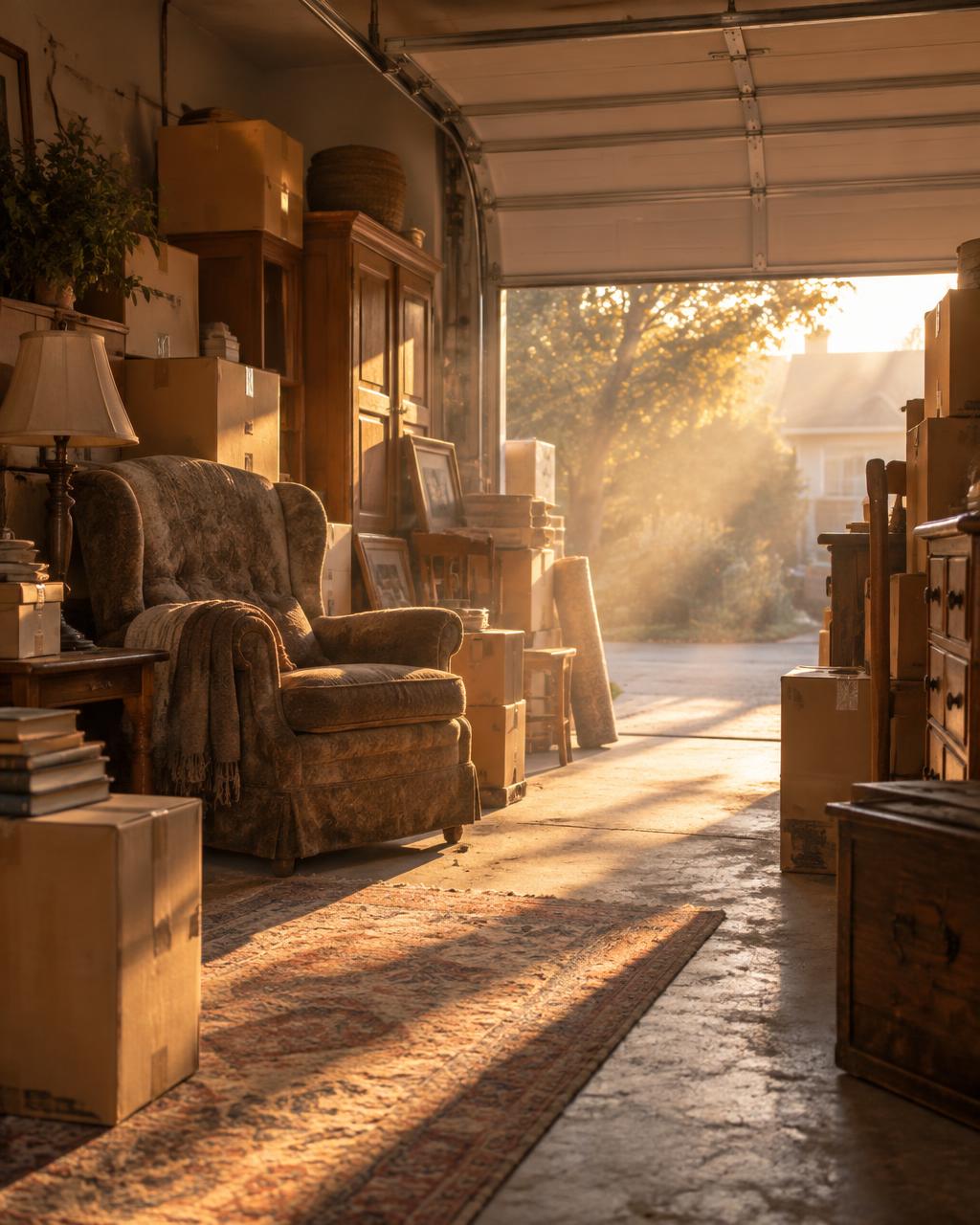 Warm morning light in a family garage full of boxes and furniture, waiting to be sorted